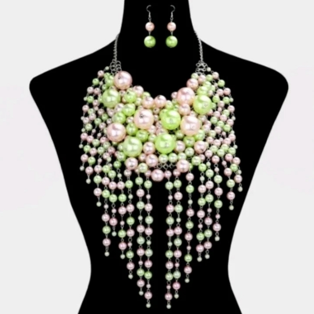 Pearl Cluster Pastel Pink & Green Chunky Bib Statement Necklace and Earring Set